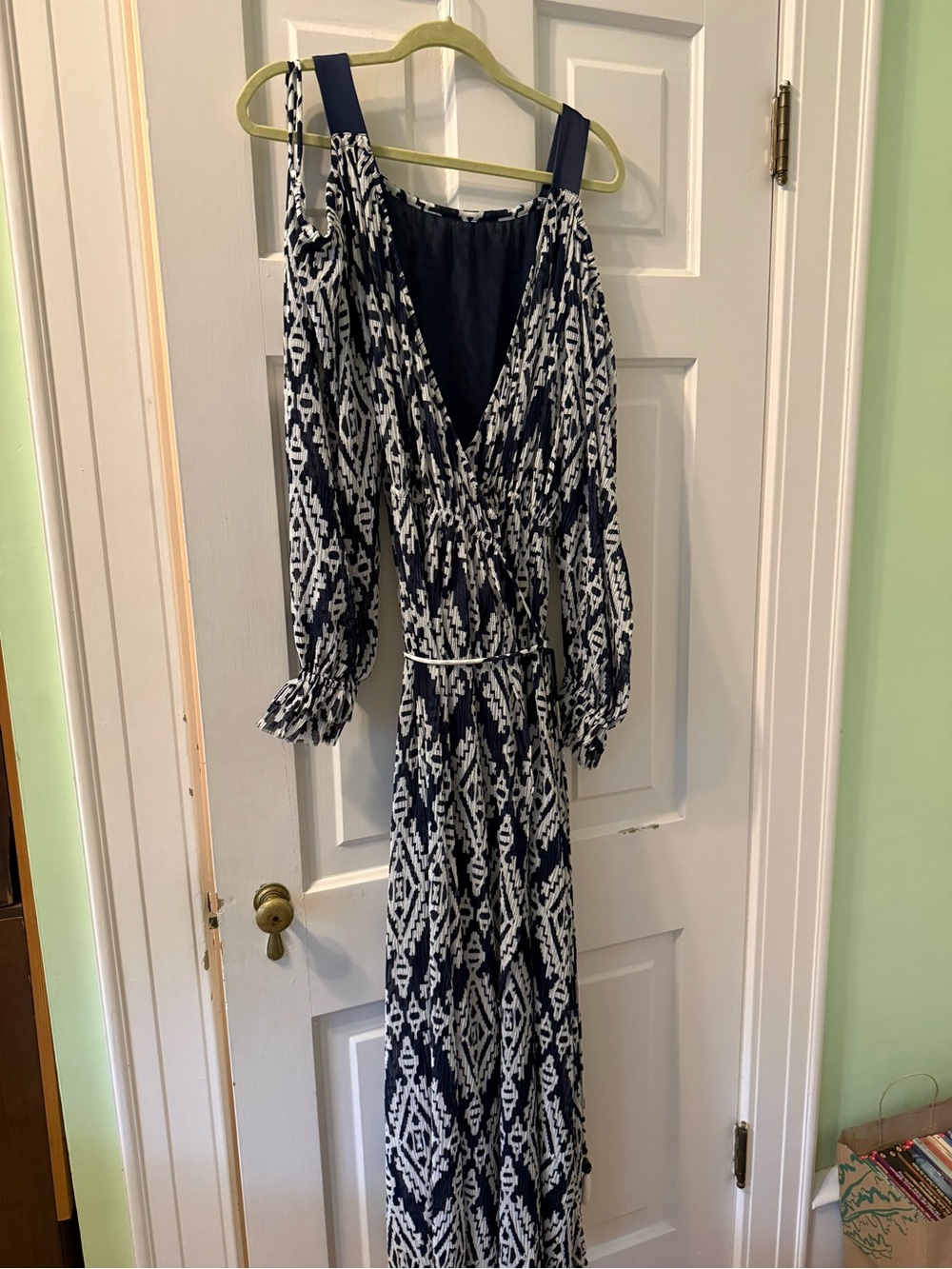 Tory Burch Navy and White Printed Cold-Shoulder Maxi Dress